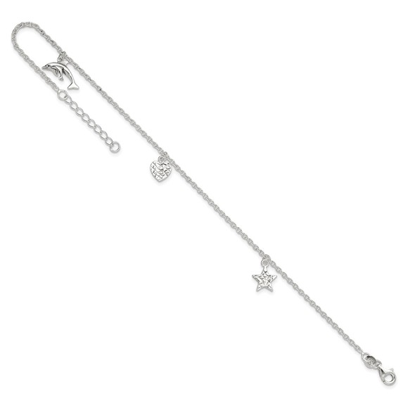 925 Sterling Silver Heart, Star and Dolphin Charms 9" + 1" Ext Jewelry Anklet - Picture 7 of 7